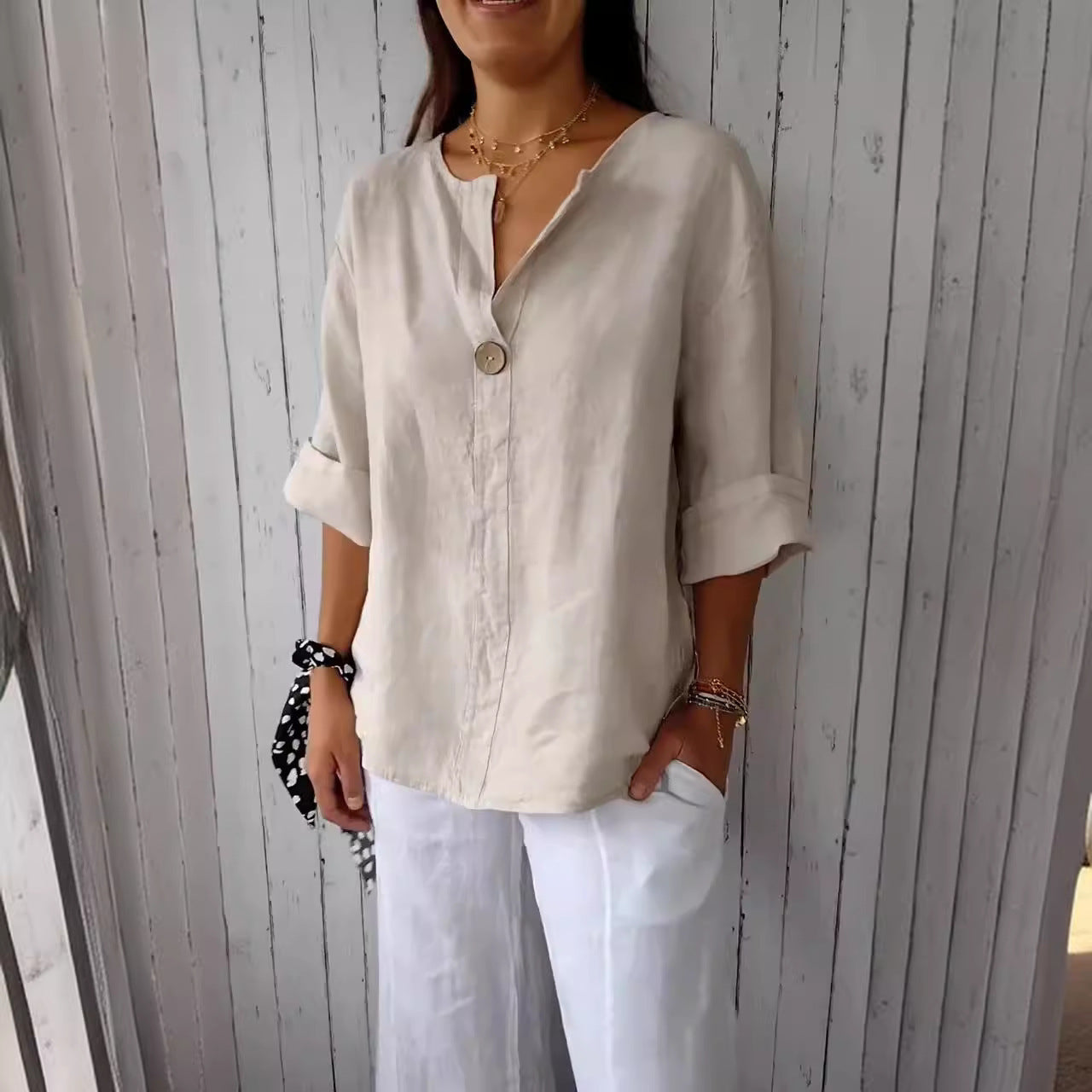 V-neck Cotton & Linen Button Top