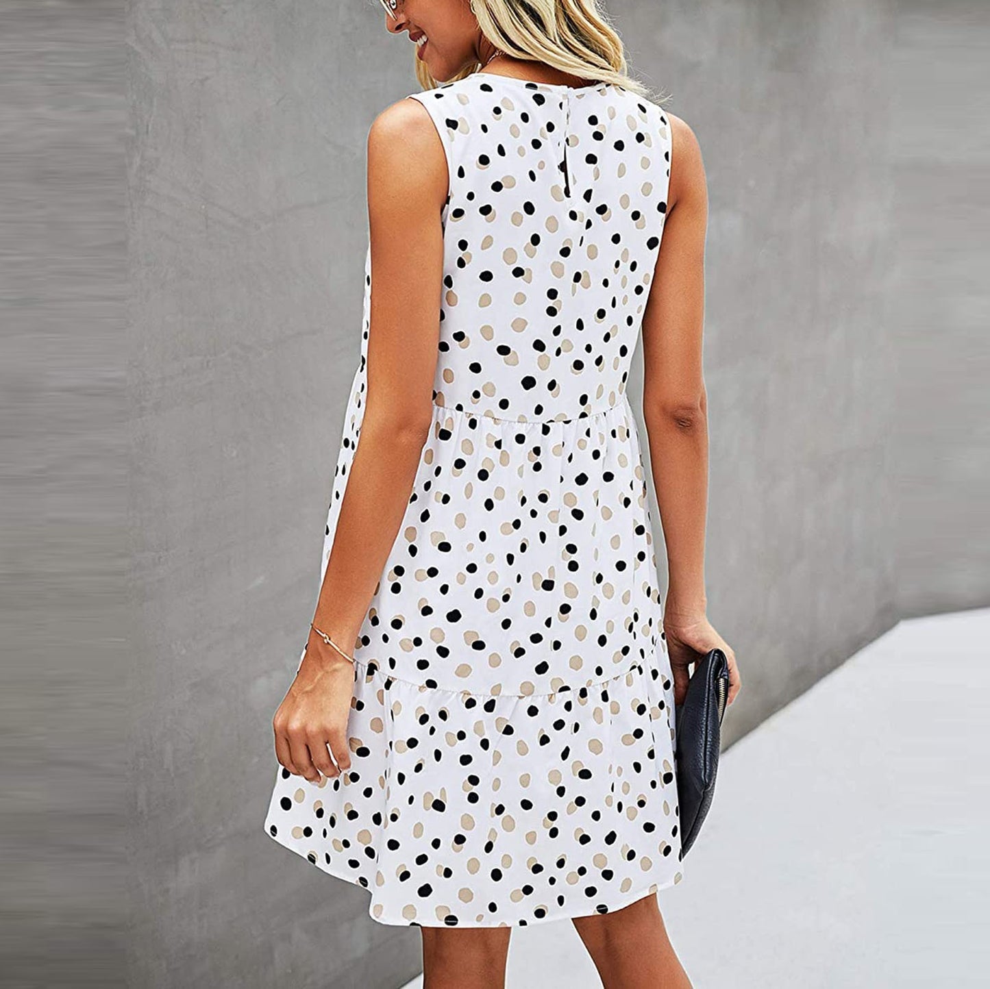 Dot Print Sleeveless Loose Swing T-Shirt Dress with Pocket