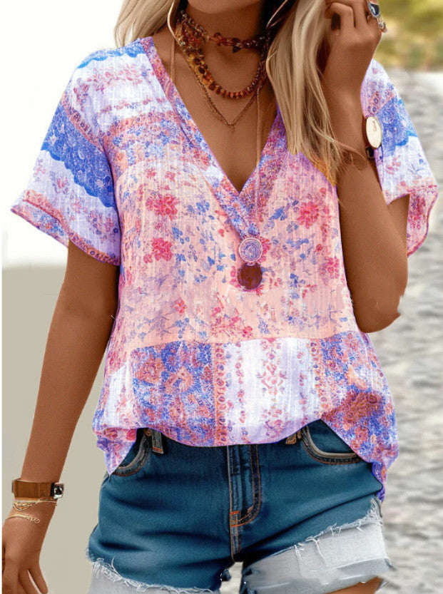 V-neck Printed Short-sleeved T-Shirt