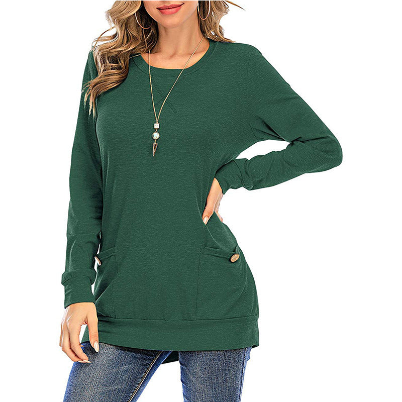 Crossed Pockets Round Neck Long-sleeved T-Shirt