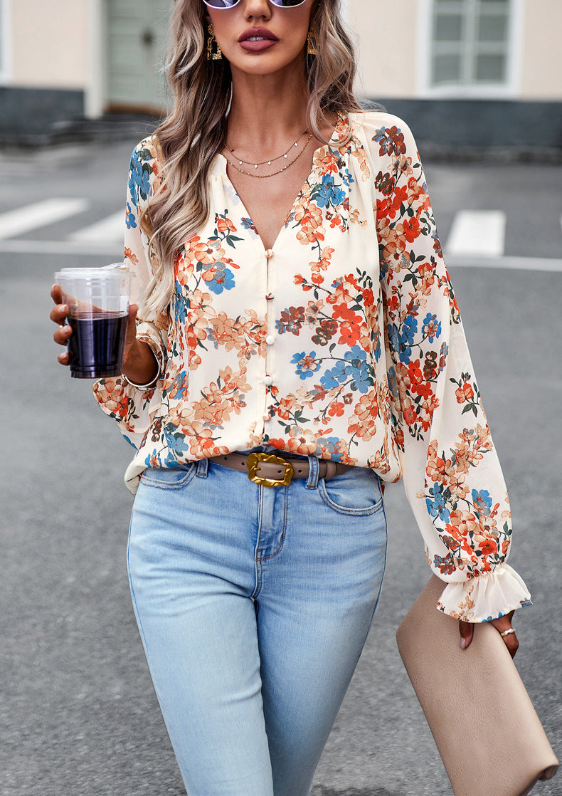 Floral Print V Neck Long Sleeve Chiffon Shirt