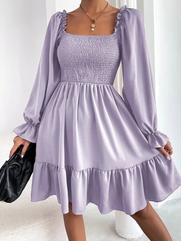 Flared Long Sleeve Ruffled Swing Dress