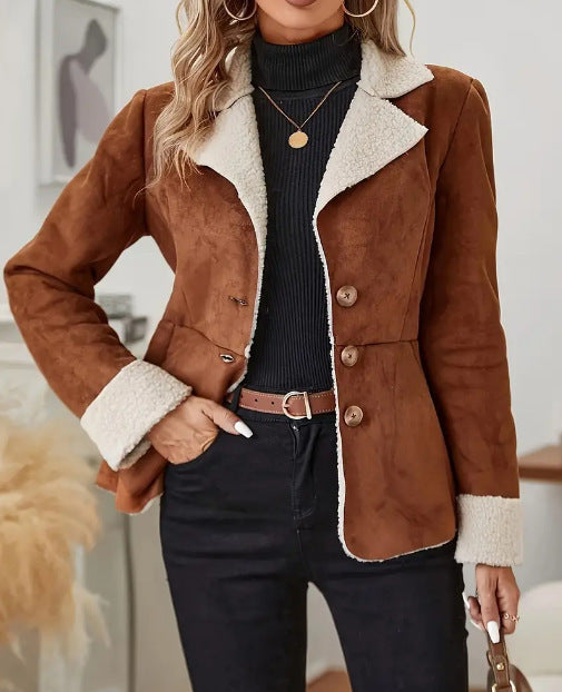 Casual Warm Fur Integrated Lapel Pocket Jacket