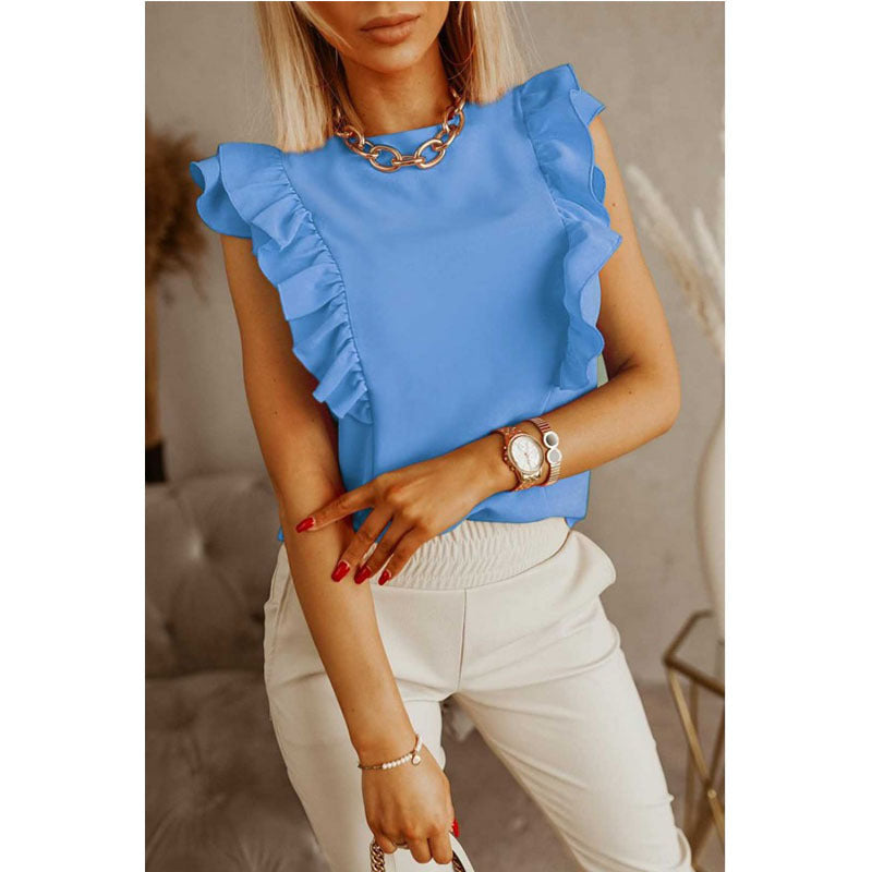 Loose Round Neck Solid Ruffle Short Sleeve Shirt