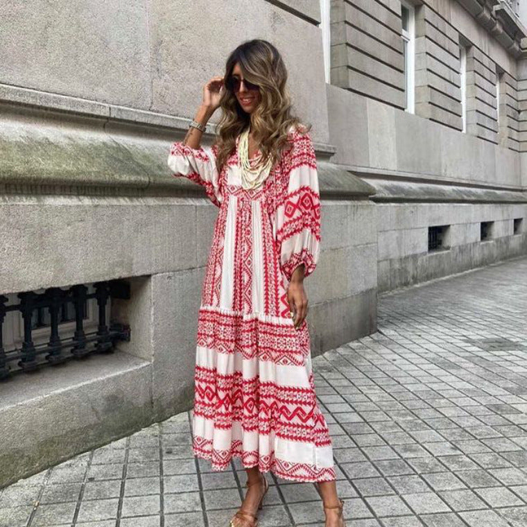 Vintage Printed Bohemian Elegant Loose V-Neck Short Sleeve Long Dress