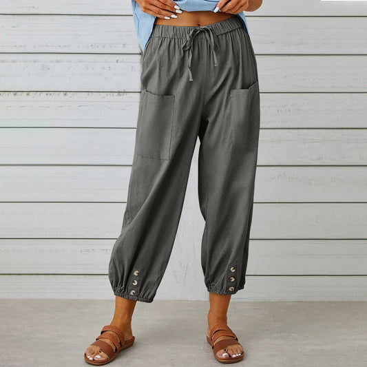 Drawstring Cotton-Linen Tie Pants with pockets