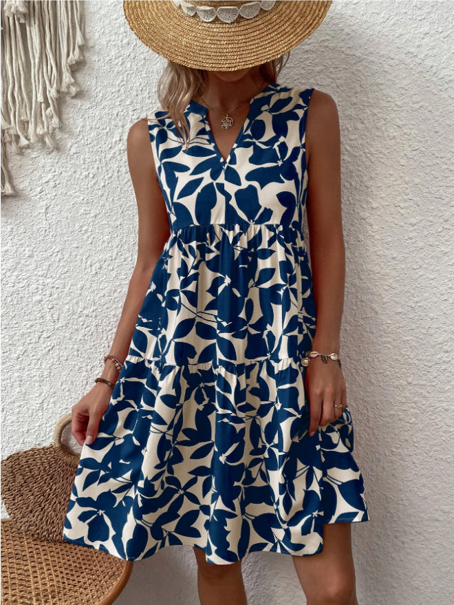 Bohemian Loose V-neck Pleated Print Sleeveless Dress