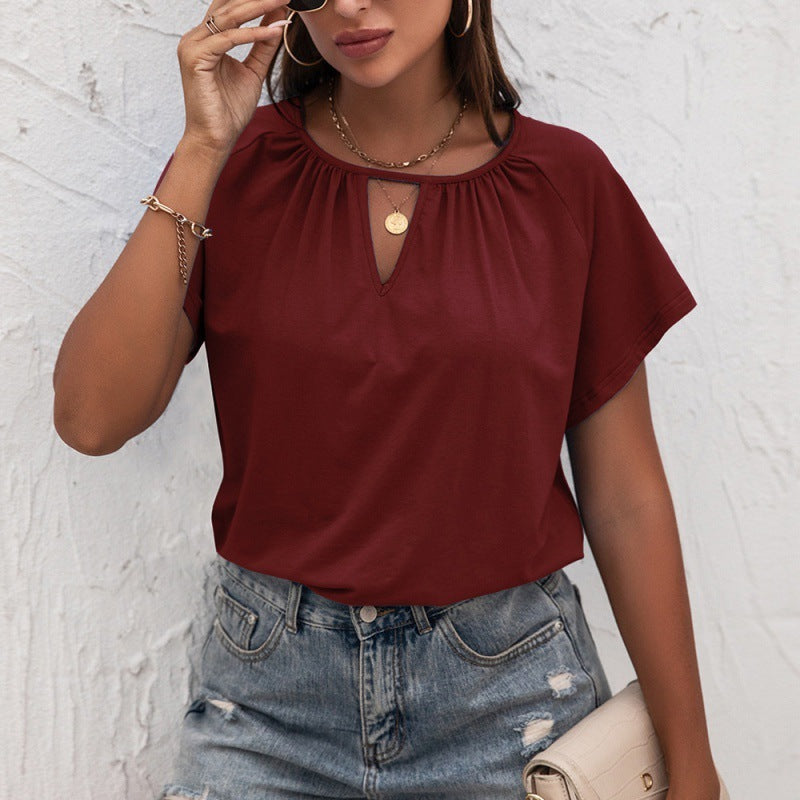 Cutout Short Sleeve Crew Neck Loose Knit T-Shirt