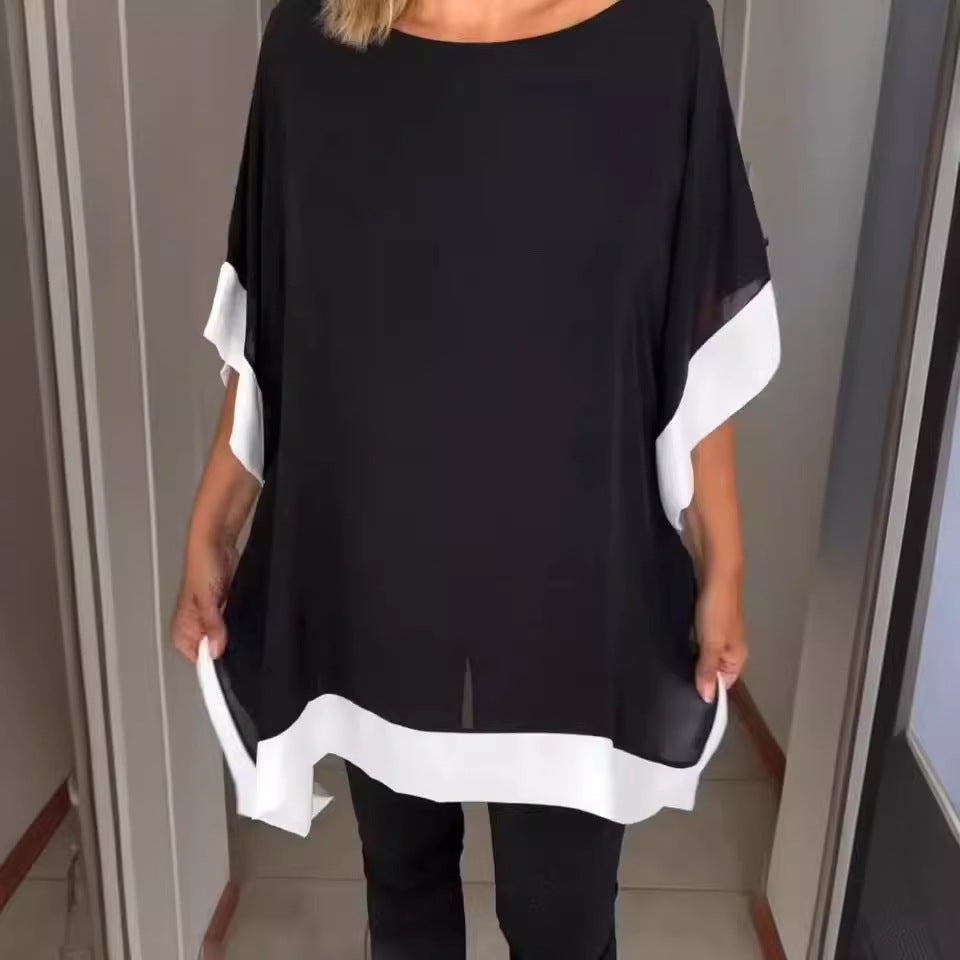 Round Neck Loose Short Sleeves Batwing Solid Color Top