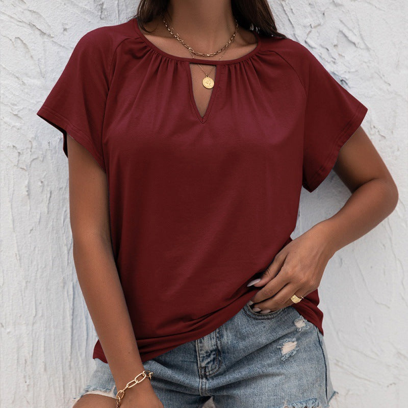 Cutout Short Sleeve Crew Neck Loose Knit T-Shirt