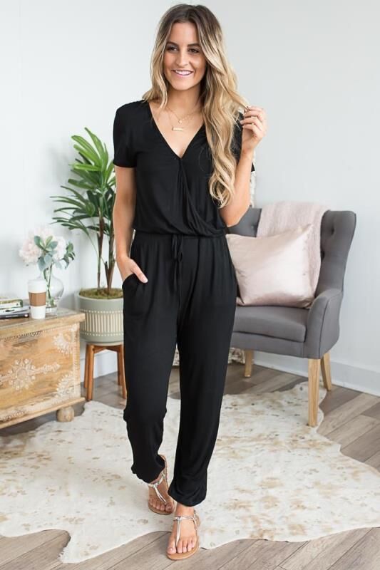 Elastic Waist Drawstring Pocket Straight Leg Jumpsuit