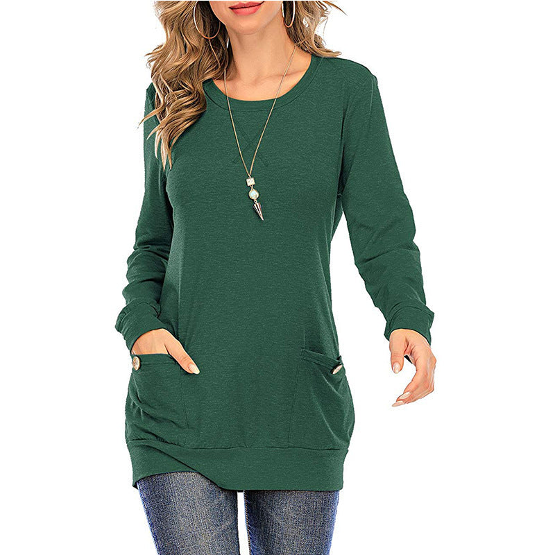 Crossed Pockets Round Neck Long-sleeved T-Shirt