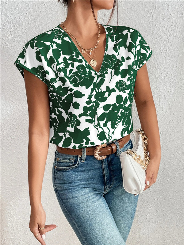 V-neck Short Sleeve Printed T-Shirt Top