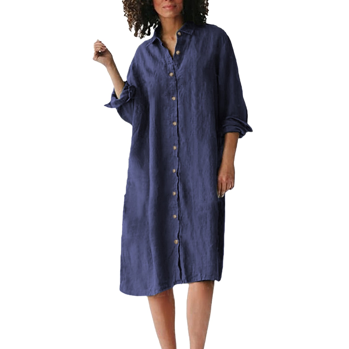 Long Sleeve Lapel Button Mid-length Shirt Dress