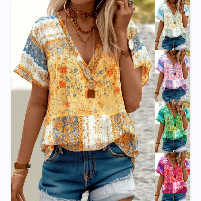 V-neck Printed Short-sleeved T-Shirt