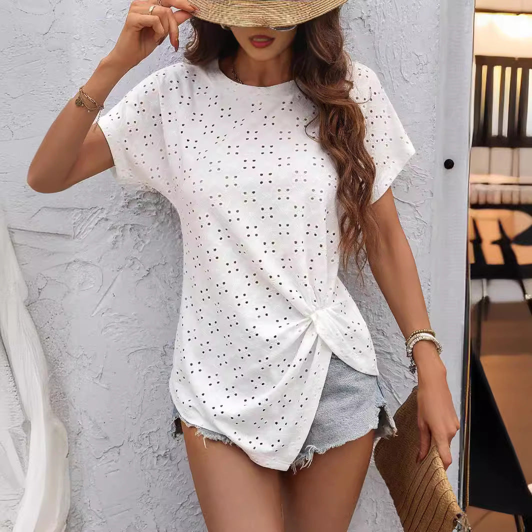 Fresh Jacquard Pleated Round Neck T-Shirt