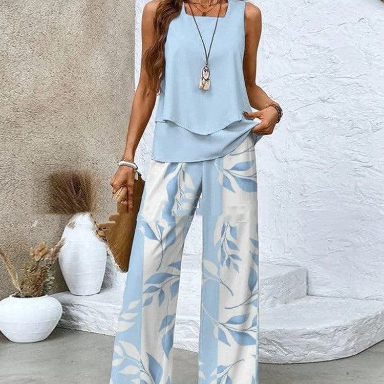 Sleeveless Double-layer Vest & Loose Straight Pants Set