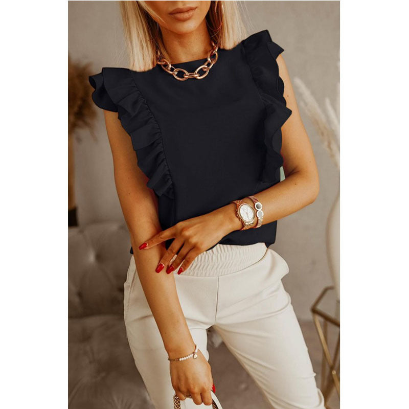 Loose Round Neck Solid Ruffle Short Sleeve Shirt