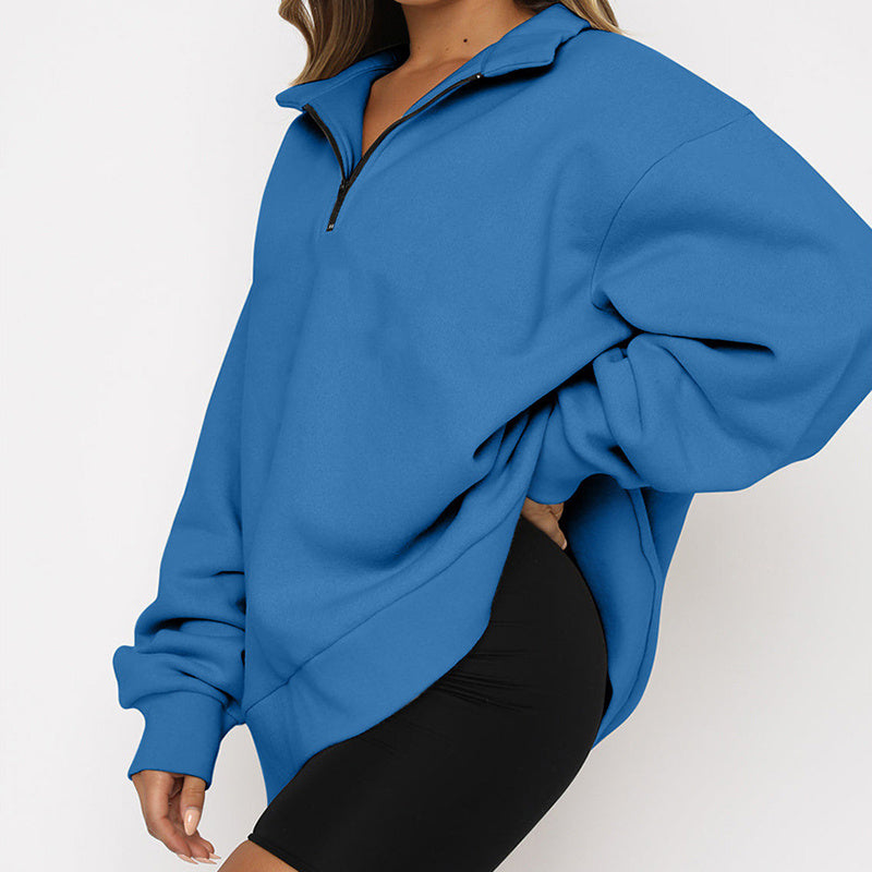 Zip Turndown Collar Loose Casual Hoodie