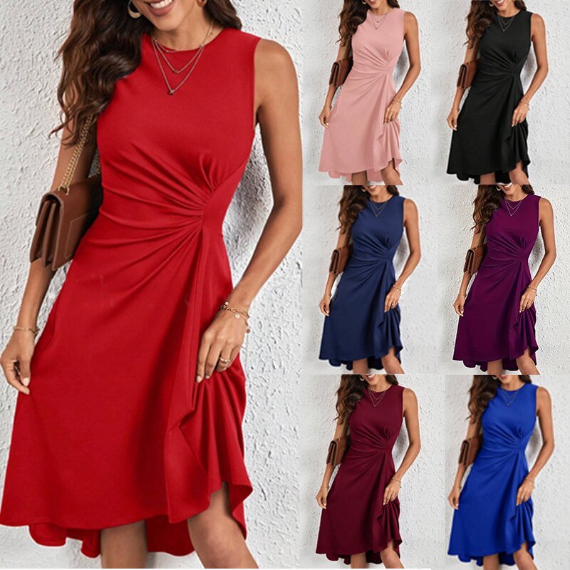 Sleeveless Solid Color A- Line Crumpled Middle Dress