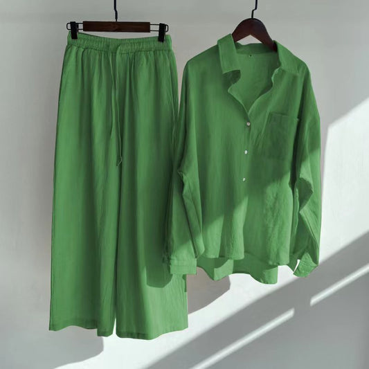 Plus Size Retro Shirt & High Waist Loose Trousers