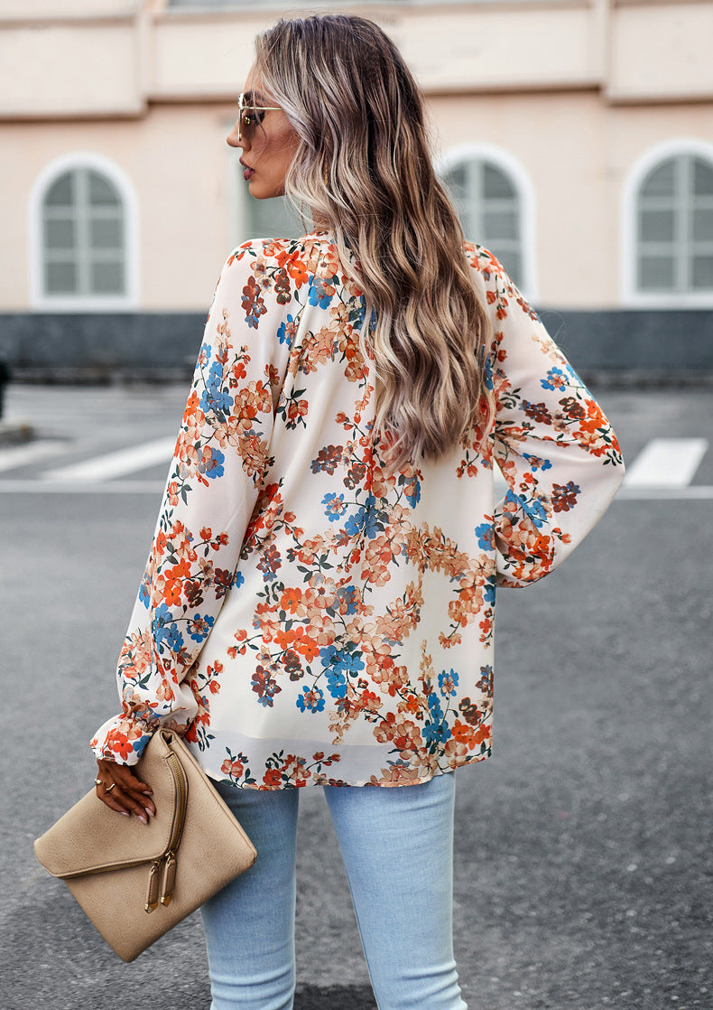 Floral Print V Neck Long Sleeve Chiffon Shirt