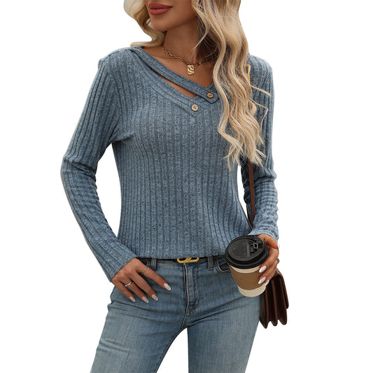 V-neck Button Top Sunken Stripe T-Shirt