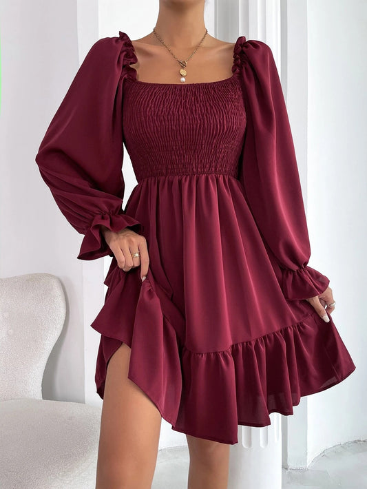 Flared Long Sleeve Ruffled Swing Dress