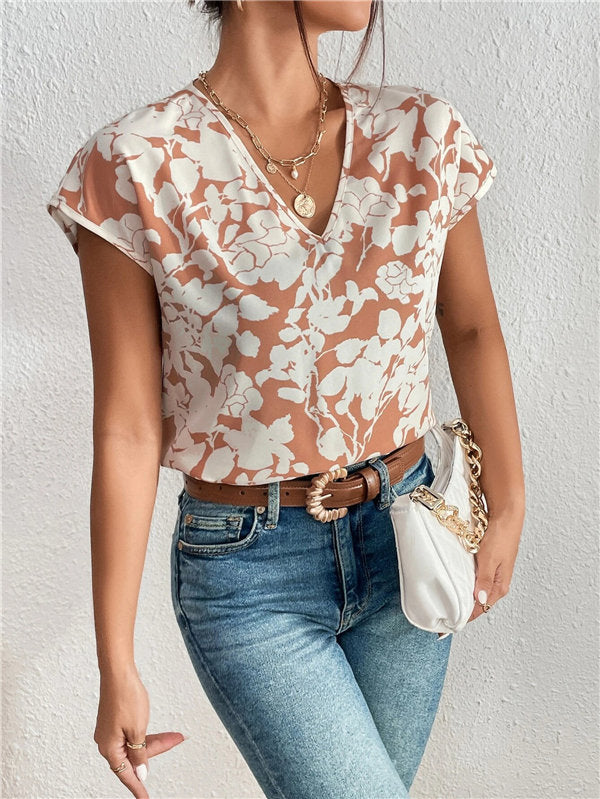 V-neck Short Sleeve Printed T-Shirt Top