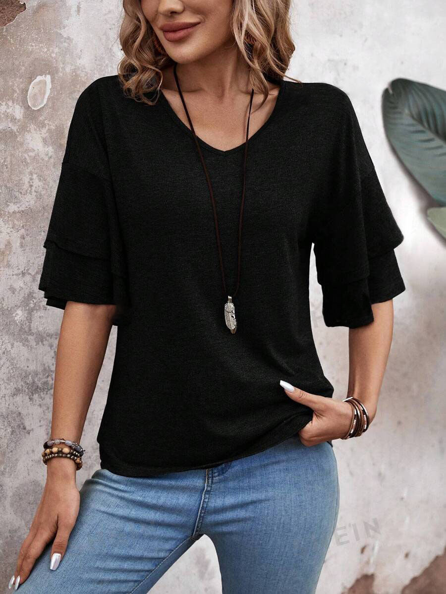 Solid Color V-neck Loose T-Shirt