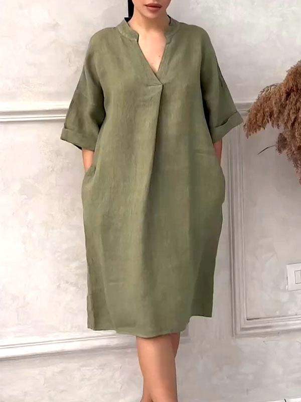 Plus Size Cotton Linen V-neck Dress