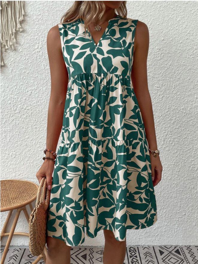 Bohemian Loose V-neck Pleated Print Sleeveless Dress