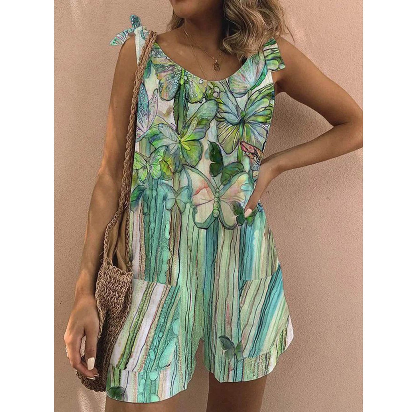 Printed Bib Shorts Jumpsuit