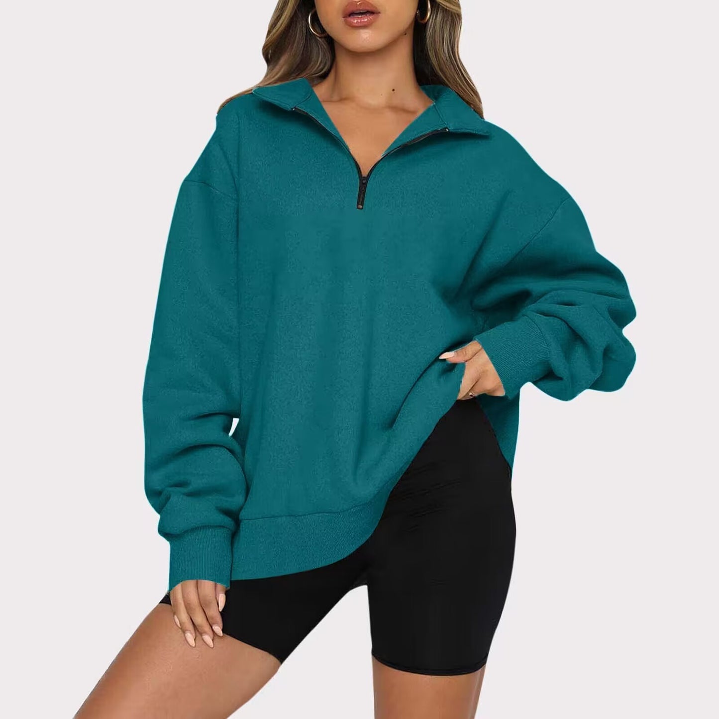 Zip Turndown Collar Loose Casual Hoodie