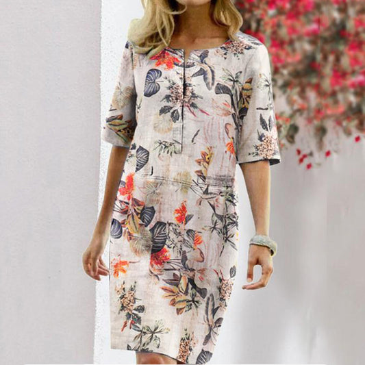 Vintage Floral Leaf Print Slit Round Neck Half Sleeve Dress