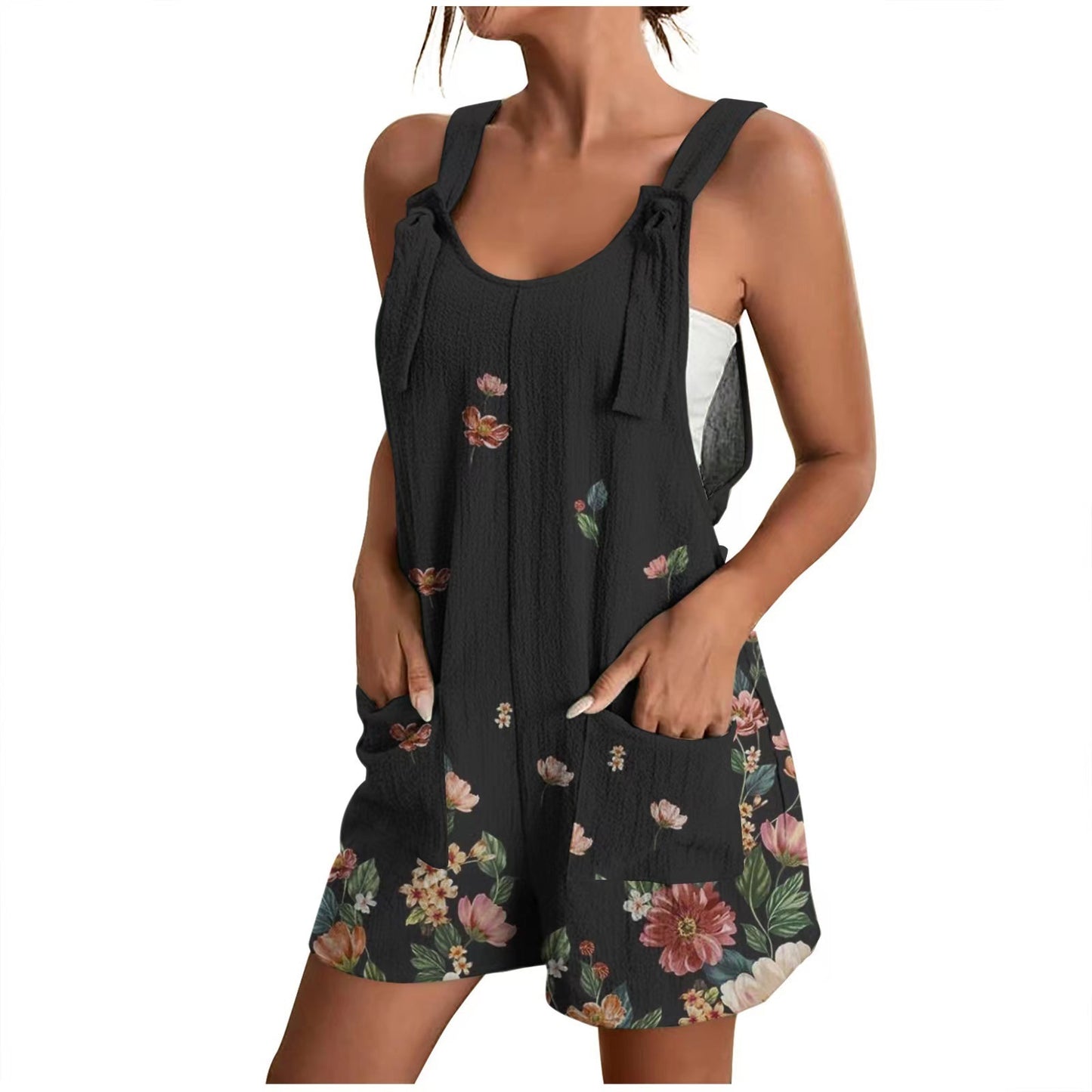 V-neck Strap Pocket Printed Jumpsuit Shorts