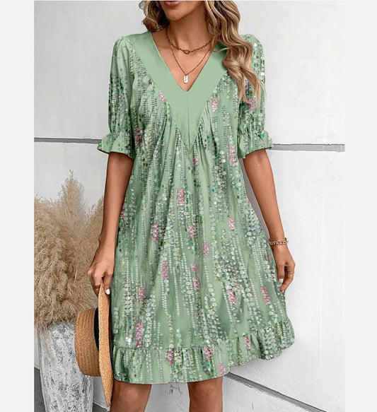 Fashion V-neck Loose Short Sleeve Dress