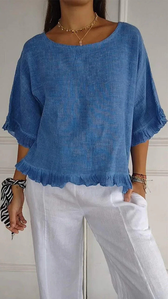 Pure Color Ruffles Casual Short-sleeved Top