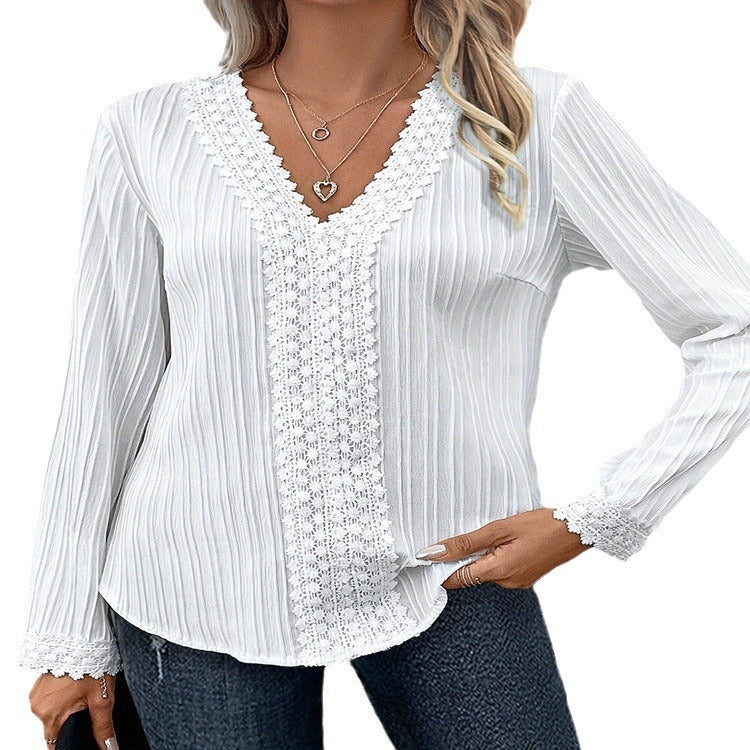 Elegant V-neck Lace Stitch Long-sleeved Shirt