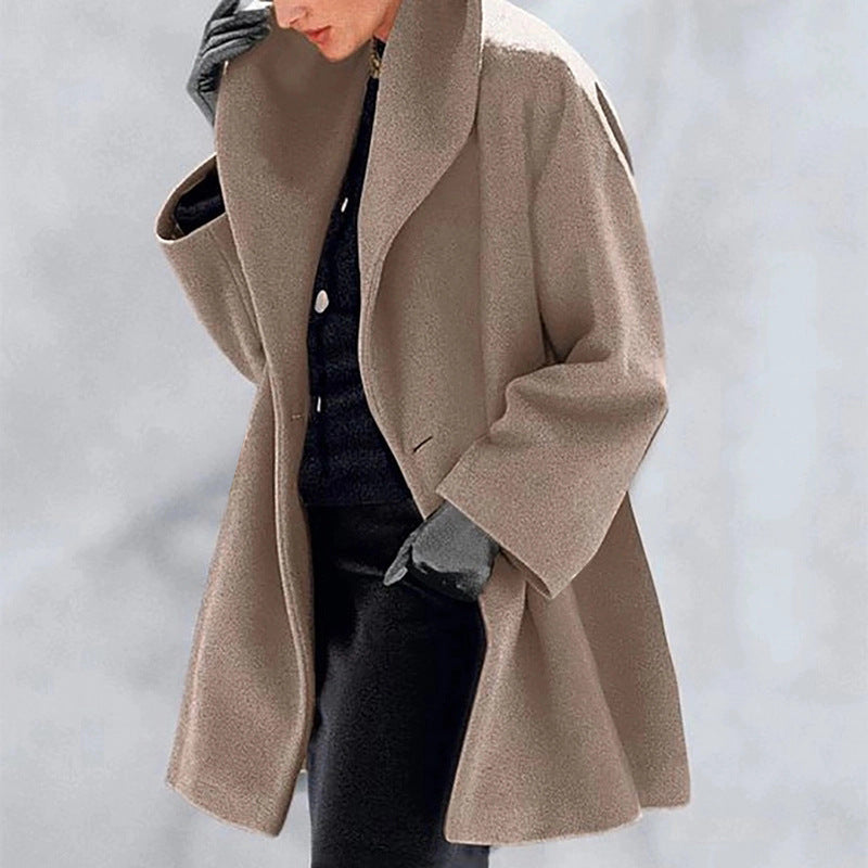 Round Neck Solid Color Woolen Coat