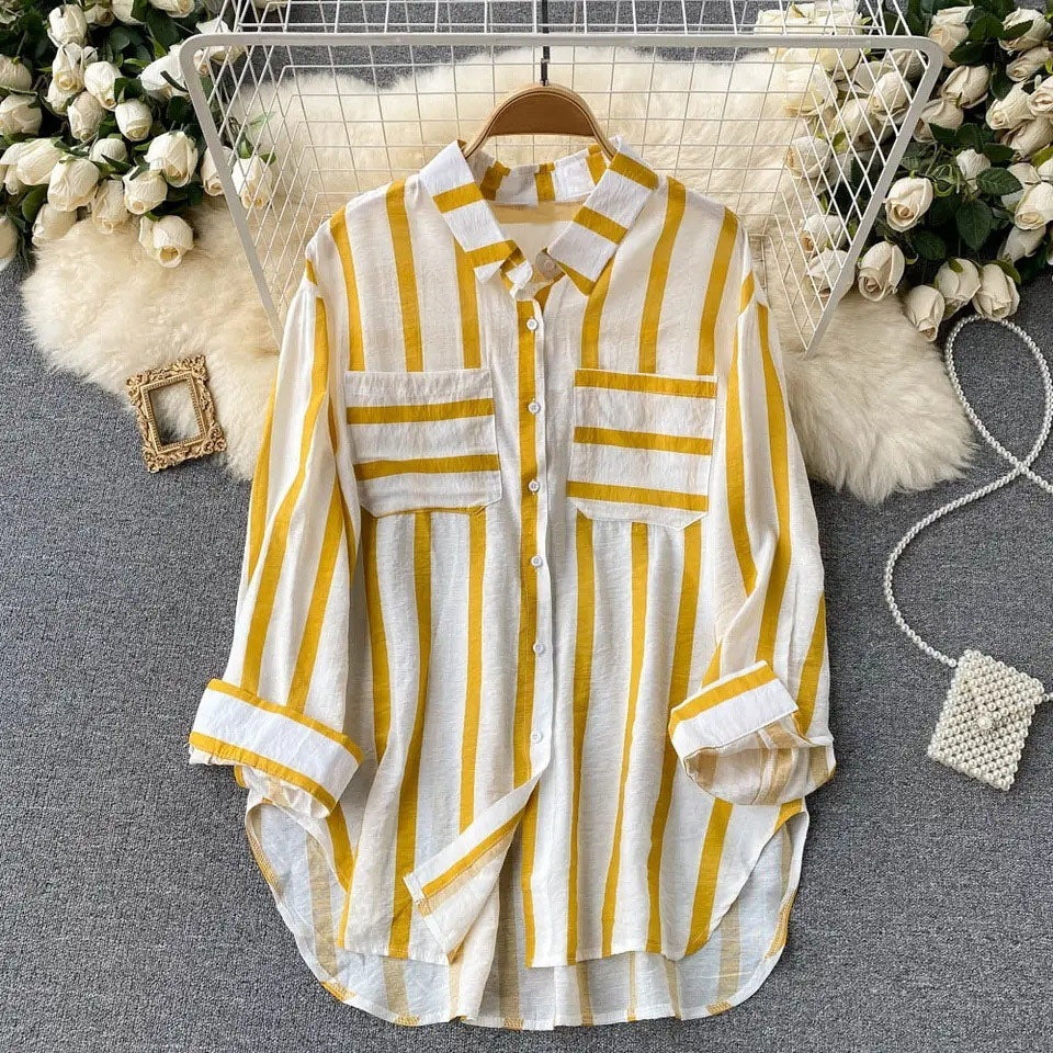 Mid-length Vertical Stripes Multi-colour Shirt