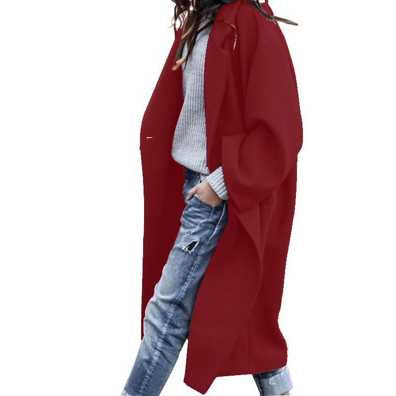 Solid Color Single Breasted Lapel Woolen Coat