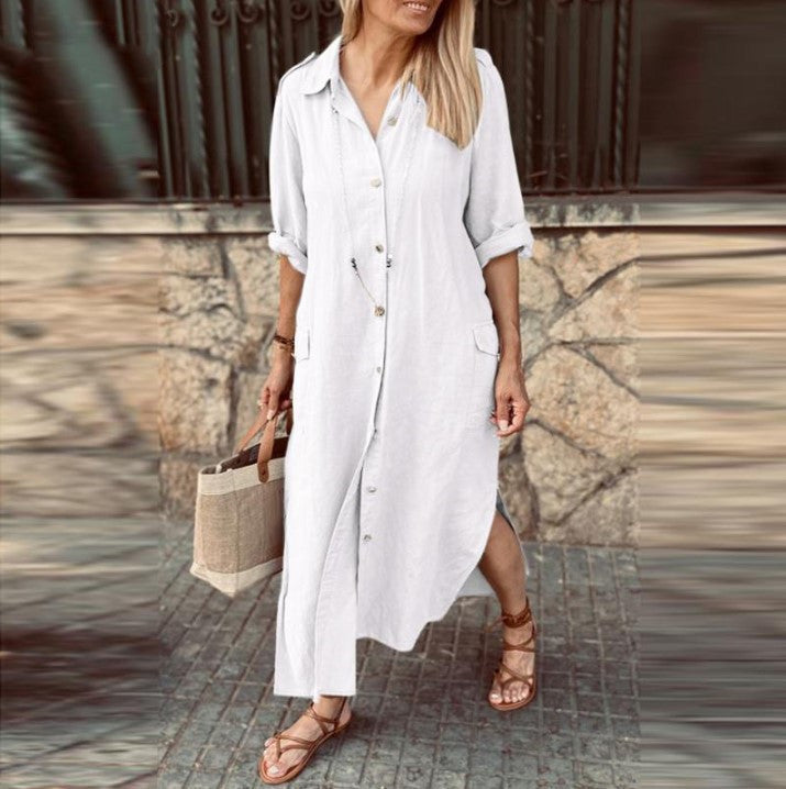 Cotton & Linen Button Long Shirt Dress