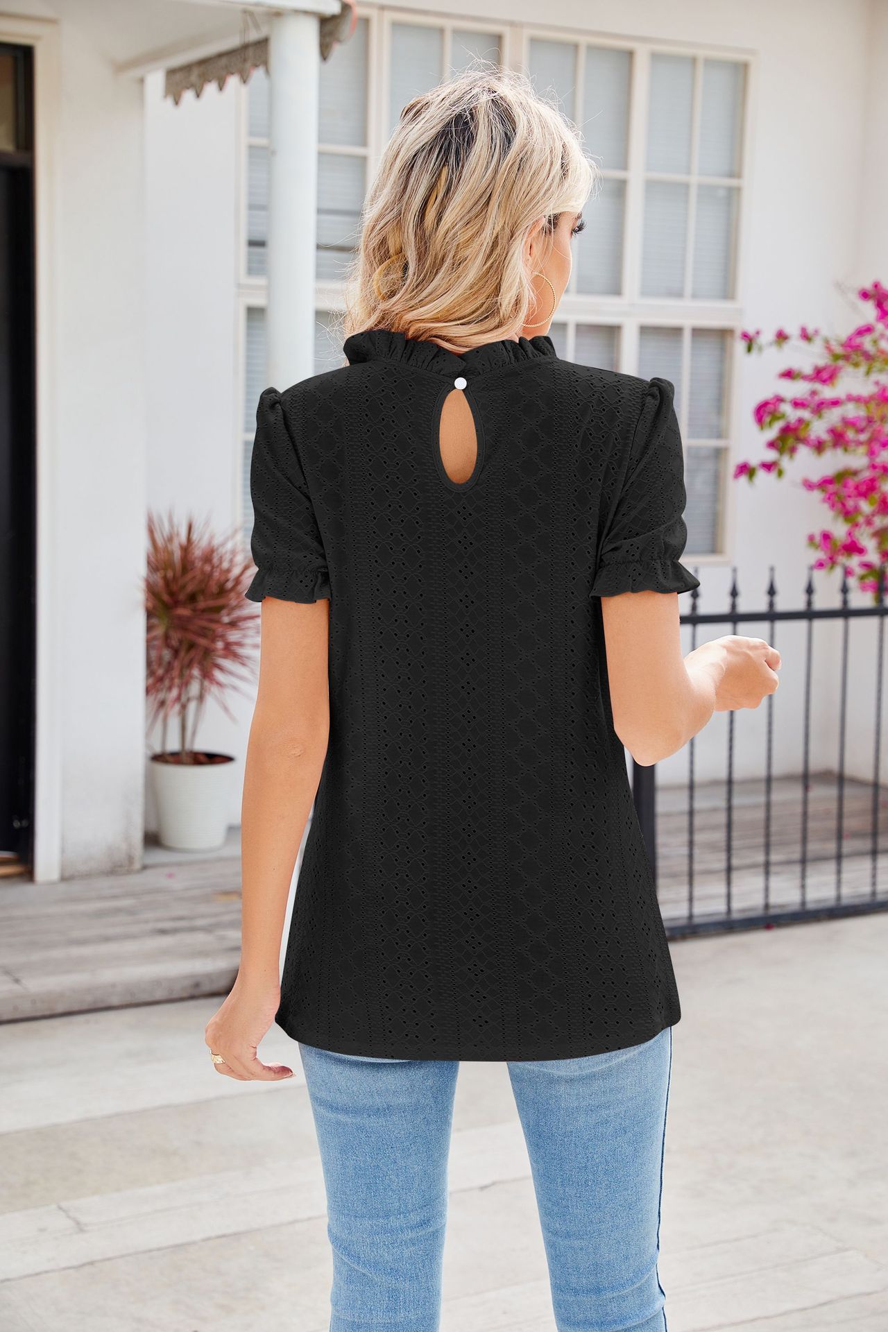 Lacework Round Neck Puff Sleeves Hollow Design Loose Pleated T-Shirt