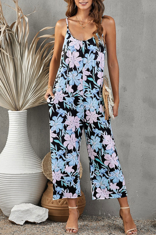 Flowers Print Suspender Jumpsuit with Pockets