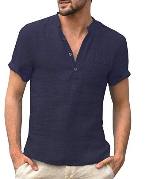 Linen Solid Color Button V Neck Shirt