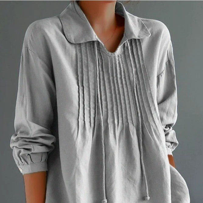 Loose Cotton & Linen Long Sleeve Pleated Lapel Top