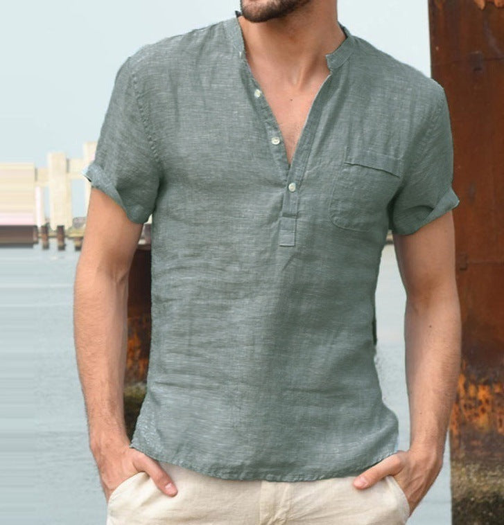 Linen Solid Color Button V Neck Shirt