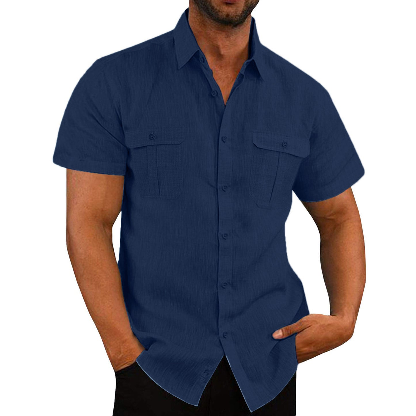 Short Sleeve Double Pocket Wide Collar Shirt