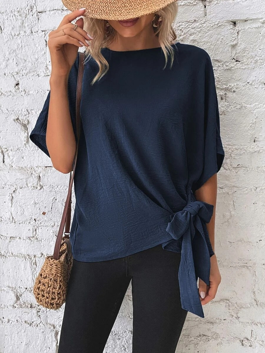 Solid Color Batwing Sleeve Loose Top